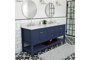 Navy blue double sink bathroom vanity with plenty of drawers for storage