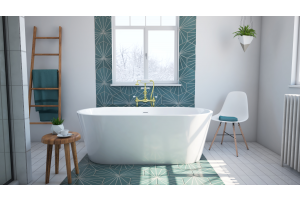 DreamLine Havana freestanding bathtub, center, with a window and green tiling in the bathroom. 