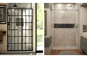 DreamLine Unidoor Toulon Hinged Shower Door (left) and DreamLine Enigma-XO Sliding Shower Door (right)