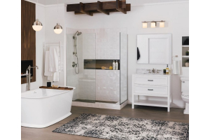 DreamLine Linea Shower panels in a spacious master bathroom.
