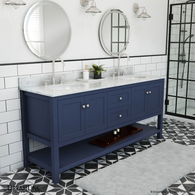 Navy blue double sink bathroom vanity with plenty of drawers for storage