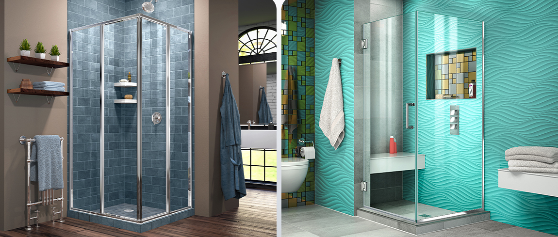 DreamLine Cornerview sliding shower enclosure (left) and DreamLine Unidoor Plus hinged shower enclosure (right)