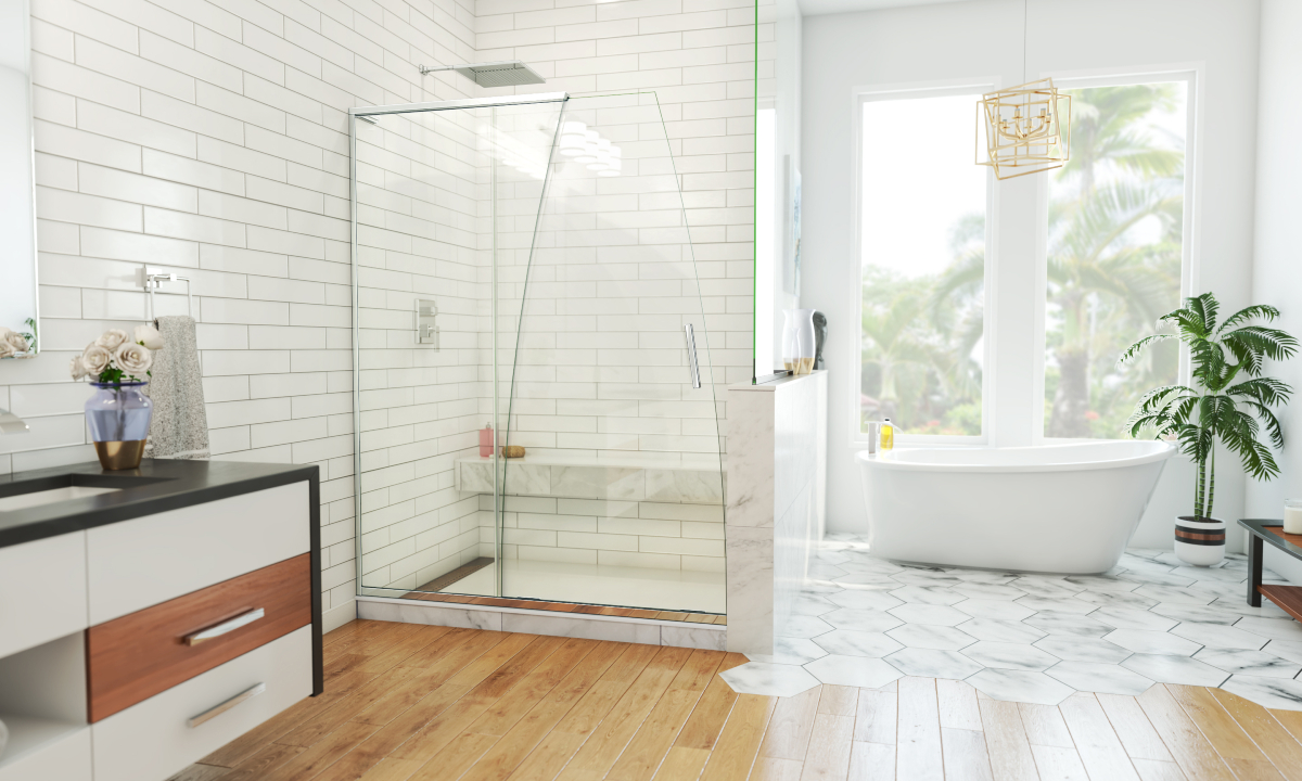 DreamLine Crest sliding shower door with clear glass and a chrome hardware finish. 