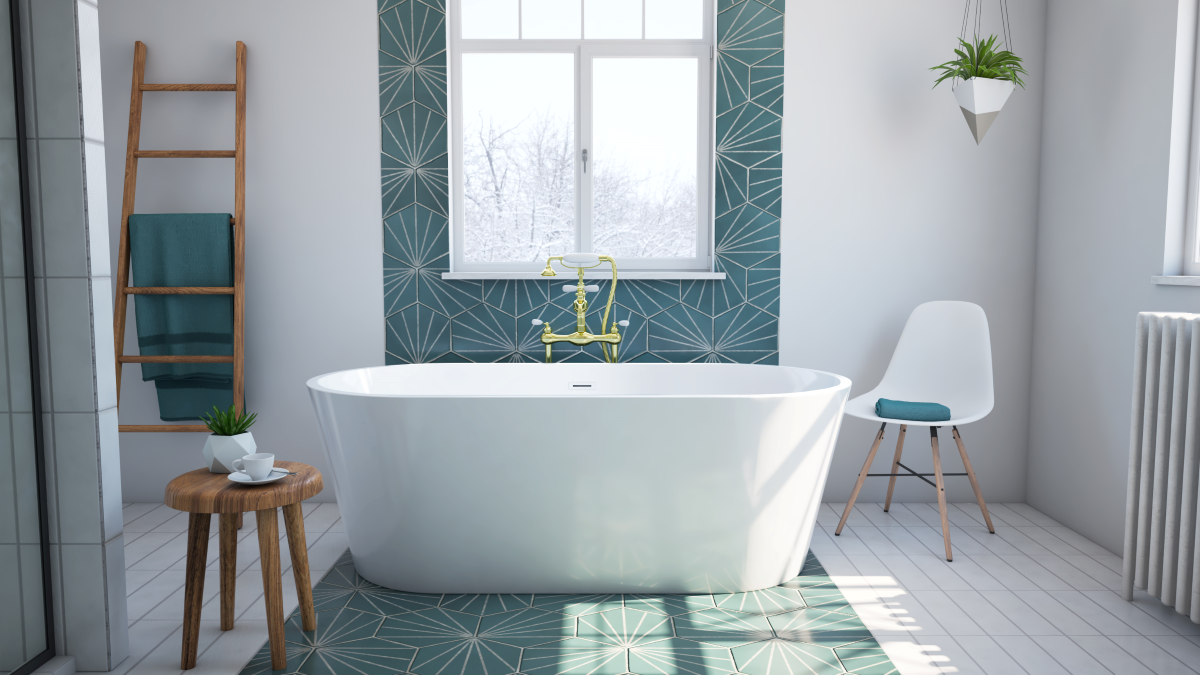 DreamLine Havana freestanding bathtub, center, with a window and green tiling in the bathroom. 