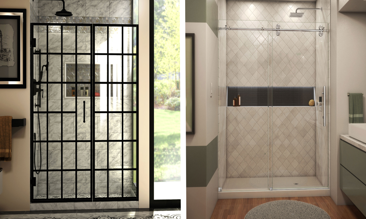 DreamLine Unidoor Toulon Hinged Shower Door (left) and DreamLine Enigma-XO Sliding Shower Door (right)