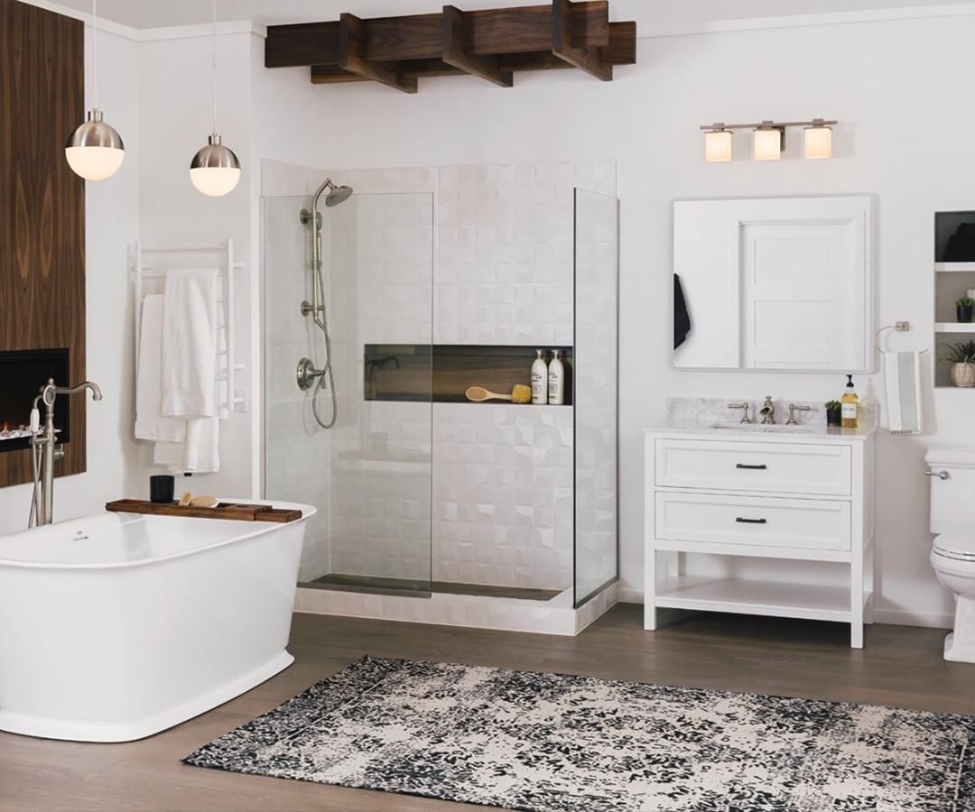 DreamLine Linea Shower panels in a spacious master bathroom.